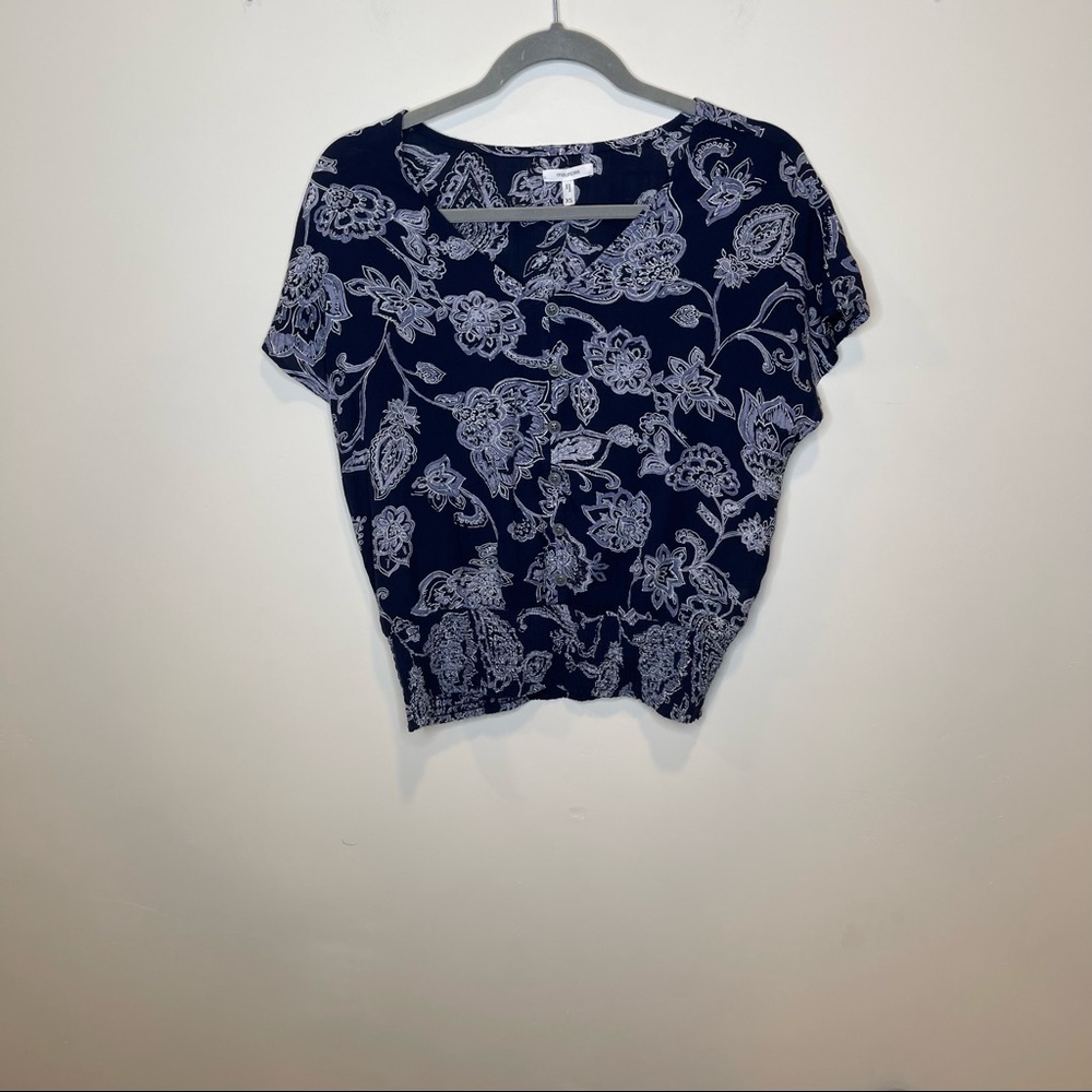 Maurice’s Navy Blue Floral Patterned Button Up Short Sleeve Blouse